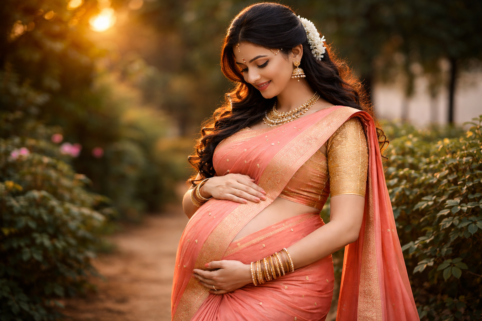 Mother holding her pregnant belly lovingly