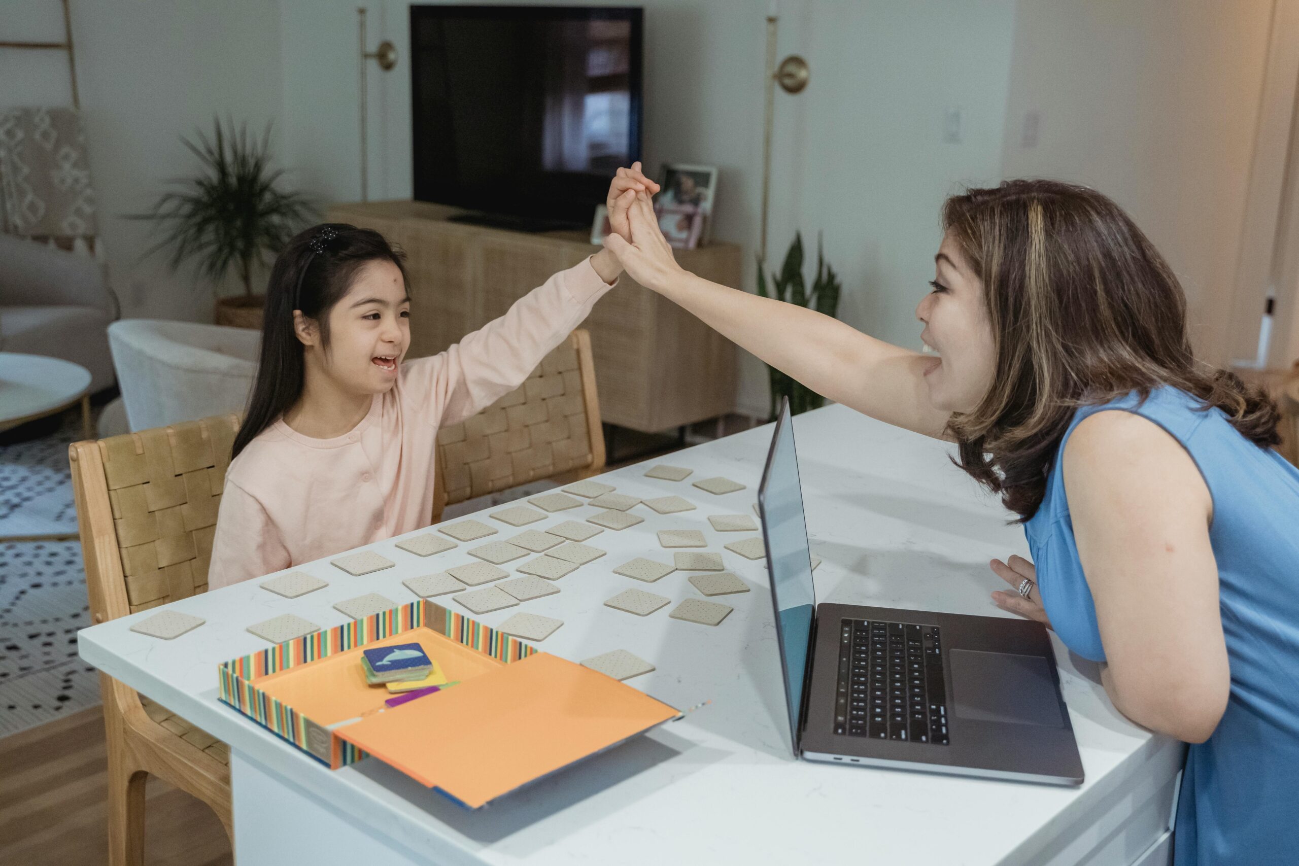 Child engaging with geometric learning tools